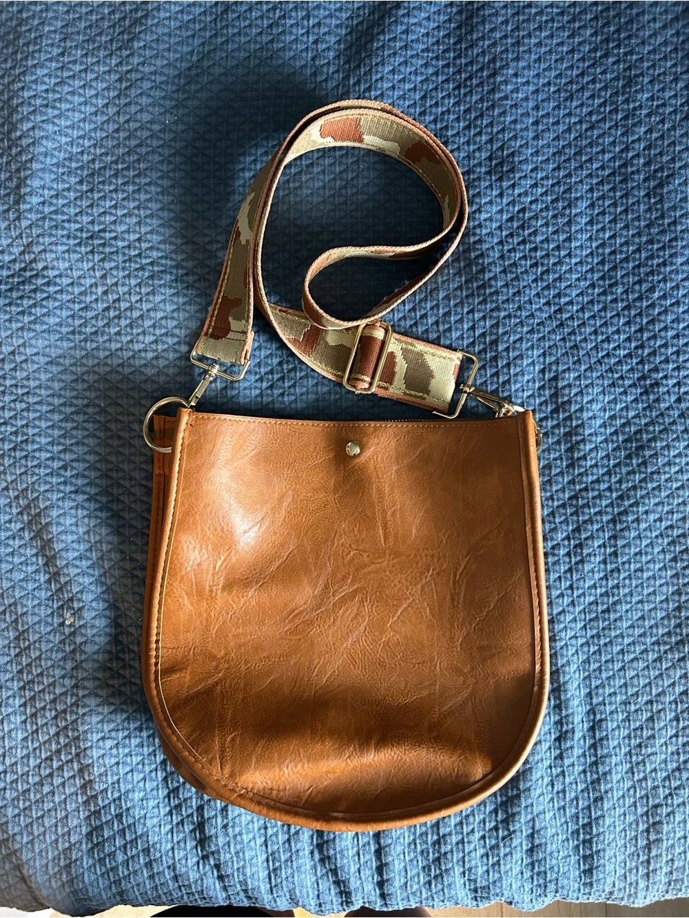 Ah Dorned | Tan Leather Crossbody Bag with Patterned Strap